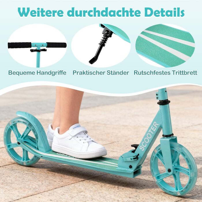 Дитячий трюковий самокат GOPLUS Roller Kinder 10 років, 3-ступенева регулювання висоти, легкий алюмінієвий, складаний, з LED-колесами, гальмом на задньому колесі, ременем та підставкою, до 100 кг, зелений