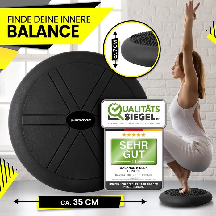 Балансувальна подушка Dunlop Sports для спини, ортопедична, з насосом, 35×7 см, до 450 кг, чорна, спеціальні масажні виступи