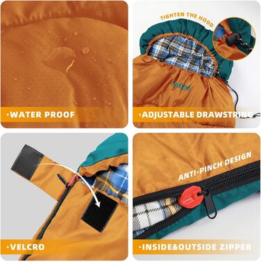 Спальний мішок для кемпінгу, дорослих, дітей та підлітків, 3-4 сезони, холодний клімат, зелений та помаранчевий кольори