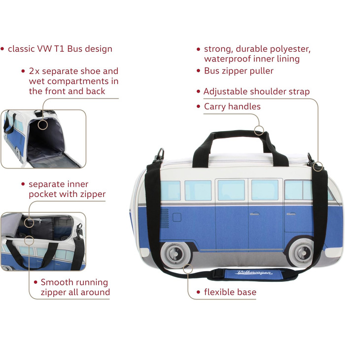 Сумка BRISA VW Retro-Sport у формі автобуса Volkswagen T1 Bulli, синьо-бежева, мала (50x25x26 см), через плече, для фітнесу