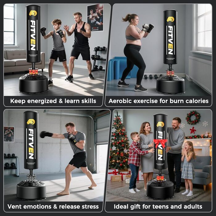 Боксерський мішок FITVEN стійкий з рукавичками, важкий, на присосках для дорослих та дітей, чорний