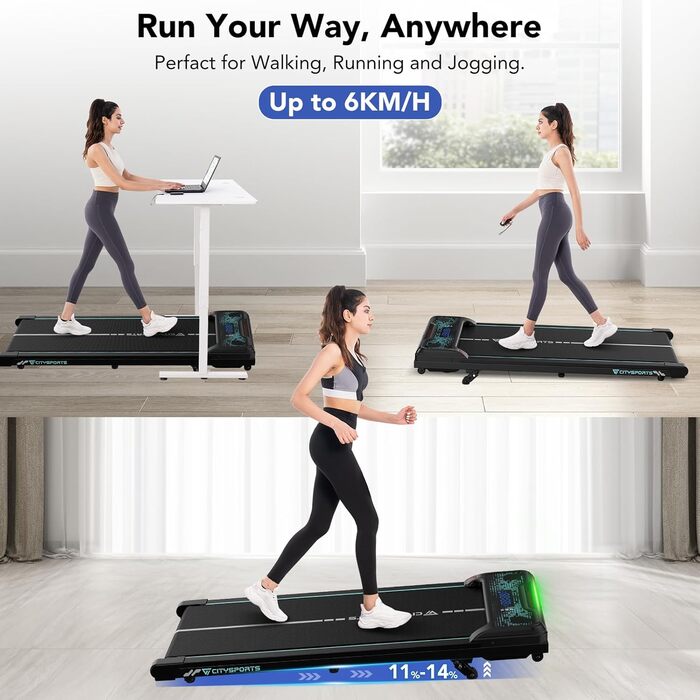 CITYSPORTS Біговий тренажер з регулюванням нахилу, WalkingPad з LED-дисплеєм та світловим ефектом, швидкість 1-6 км/год, для дому та офісу, з пультом керування, колір Green
