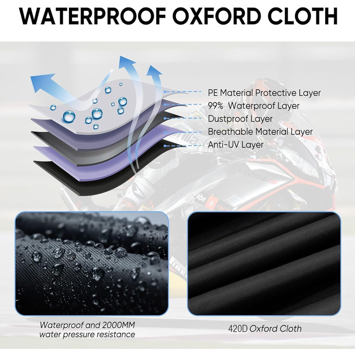 Захисний чохол для мотоцикла NEVERLAND 300D, водовідштовхуючий, зимовий, для мотоцикла/скутера, 220x95x110 см (Чорний, XL)