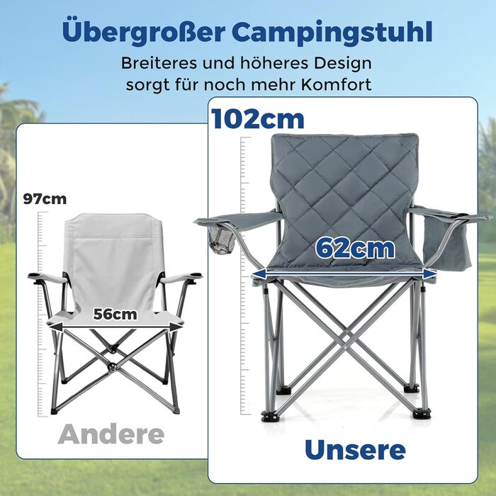 Крісло для кемпінгу Costway XXL, 227 кг, з підлокітниками та кишенею для напоїв, сіре