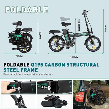 Електровелосипед HITWAY 16'' складаний, 250W, 36V 8,4Ah, до 70 км, міський для чоловіків і жінок, чорний