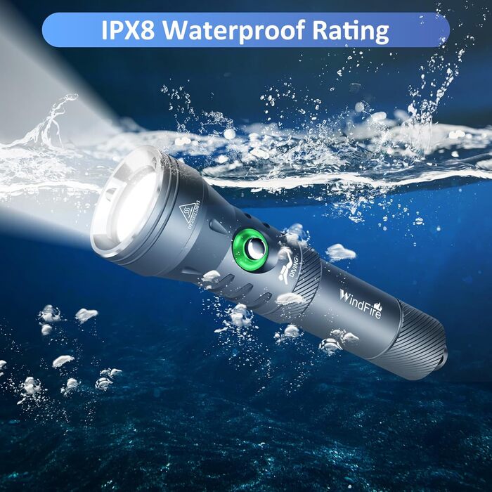 Ліхтар під водою WINDFIRE Taucher – потужний, водонепроникний, з індикатором заряду, 4 режими, кут променя 12°, для дайвінгу та снорклінгу (сірий)