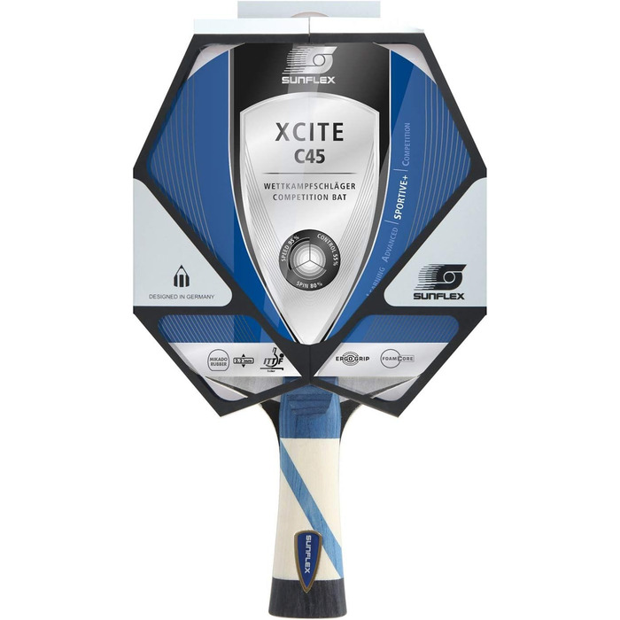 Sunflex XCITE C45 Професійна ракетка для настільного тенісу, ITTF сертифікат, багатошарова, мікродекове покриття, ергономічна ручка, точність та контроль м'яча