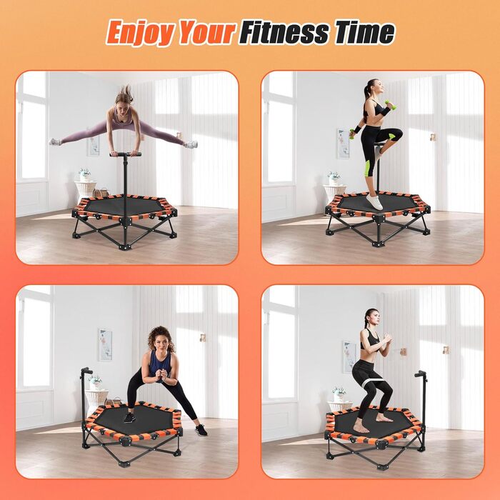 Міні-трамплін складний, вантажопідйомність 150 кг, портативний тренажер-відскочистий трамплін з регульованою ручкою з піни 41/42/45 дюймів, для дорослих та дітей, чорний/оранжевий