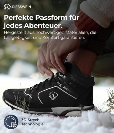 Чоловічі водонепроникні трекінгові черевики Giesswein Wool Cross X Alpine - зручні та теплі, з 100% мериносової вовни, для хайкінгу та походів, чорний колір, 45 EU