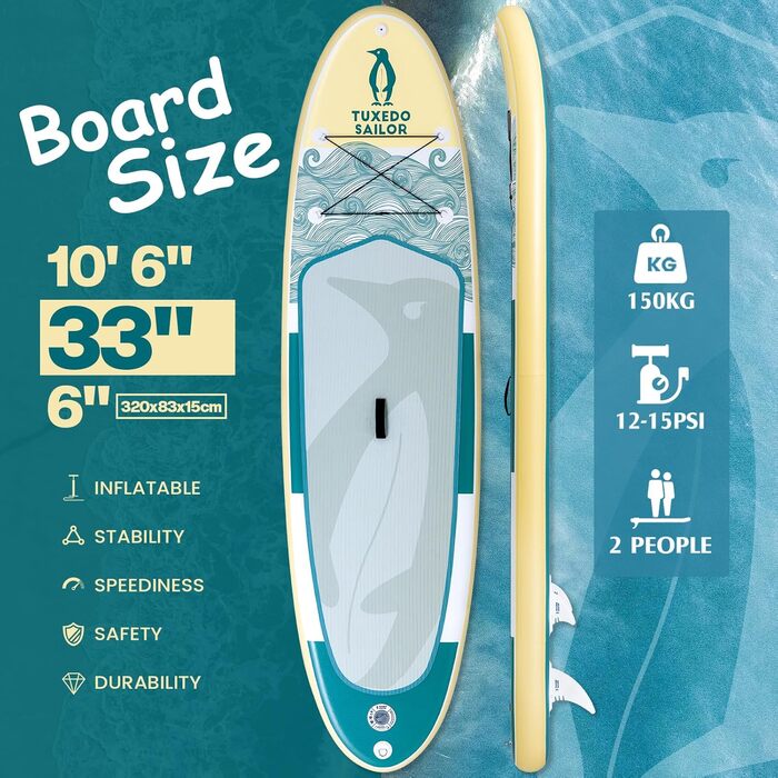 Надувний SUP-борд Tuxedo Sailor Stand Up Paddle Board з аксесуарами, для дорослих та підлітків, блакитний та жовтий
