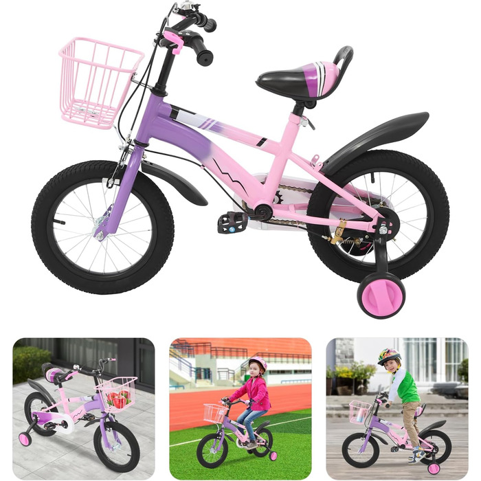 Дитяче велосипед 14 дюймів для хлопчиків та дівчаток з додатковими колесами та кошиком, від 3 років, з двома гальмами, регульоване сидіння та кермо, фіолетовий