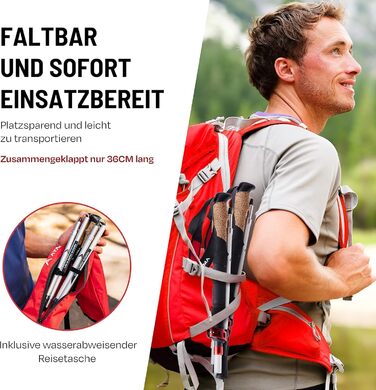 Телескопічні палиці для скандинавської ходьби та трекінгу ATACAMA, карбон та алюміній, з корковими ручками, складні, 270 г