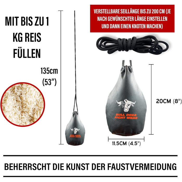 BULL DOZA FIGHT WEAR мішок для реакції, 1 кг, 2 м мотузка, чорний, М – боксерський захисний мішок для тренувань MMA, не для ударів