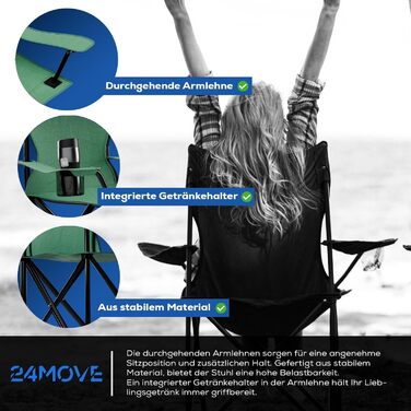 Набір з 2 туристичних стільців 24MOVE® для відпочинку на природі - складані стільці для кемпінгу, риболовлі, саду та дому, зелені