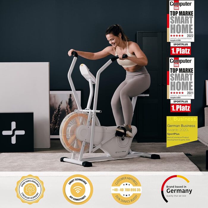 Велотренажер SportPlus Profi Air Bike з повітряним опором, сумісний з додатками, для HIIT, розумний комп’ютер, навантаження до 135 кг, новий дизайн