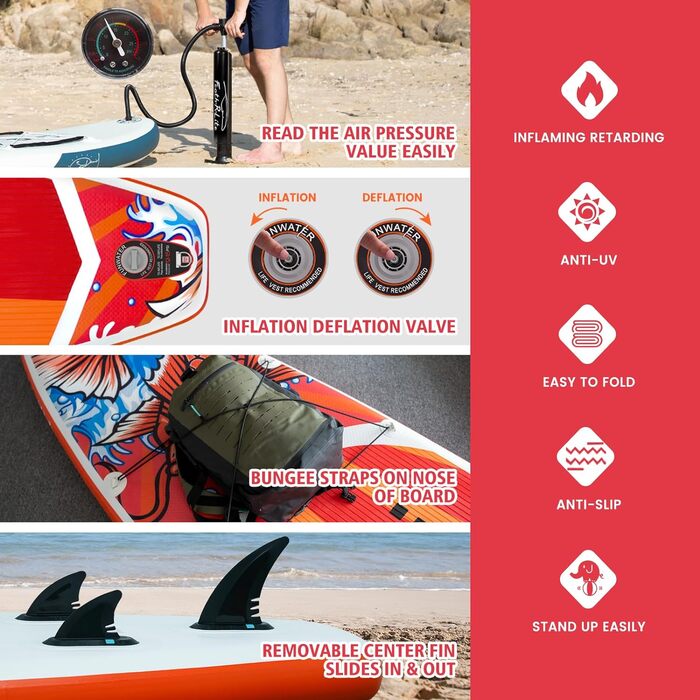 Надувна SUP-дошка FunWater Red KOI для серфінгу, комплект аксесуарів: регульоване весло, насос, рюкзак, страхувальний трос, водонепроникна сумка, для дорослих