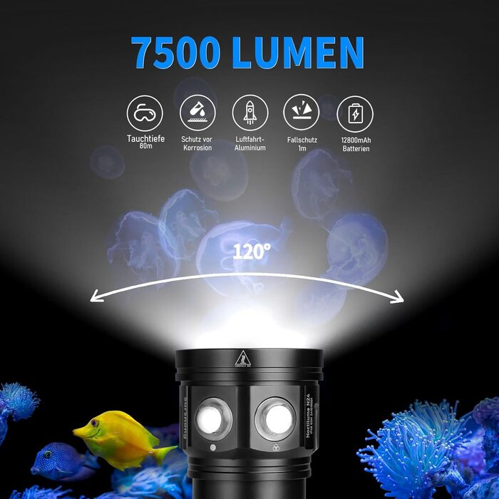 Noctilume N24: Підсвічувач для підводної зйомки 7500 люменів, CRI 90, 6500K, IP68, 80м