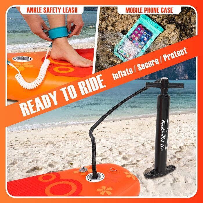 SUP дошка FEATH-R-LITE для дорослих, ультралегка, широка, стійка, з аксесуарами (помпа, весло, сумка), помаранчева