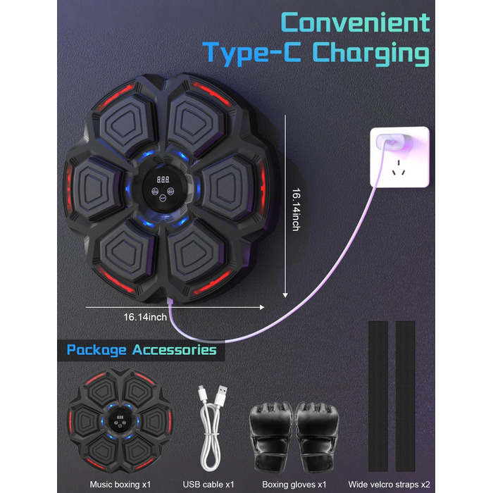 Музична боксерська машина з LED-підсвіткою та Bluetooth, 9 режимів швидкості, підрахунку ударів, рукавички в комплекті. Для дорослих та дітей