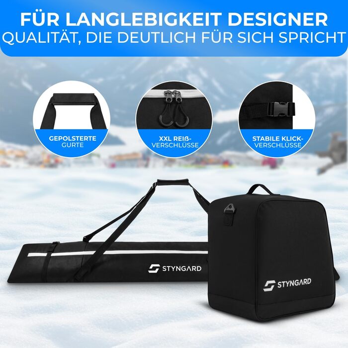 Набір STYNGARD для гірськолижного спорядження: сумка для лиж [180 см] та чохол для лижних черевиків [38 л] - міцний матеріал, якісна фурнітура, модель Courchevel (чорний-білий)
