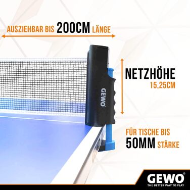 Сітка для настільного тенісу GEWO FleXX, універсальна, регульована, антиковзкі затискачі, висувна до 2 м, для столів товщиною до 5 см, висота 15,25 см