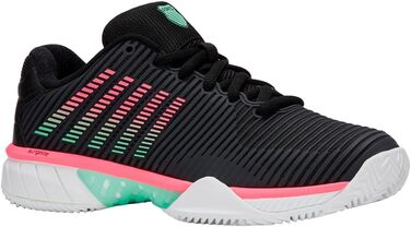 Жіноче тенісне взуття K-Swiss Hypercourt Express 2 Clay, чорно-біле, неоново-м'ятне, 34.5 EU