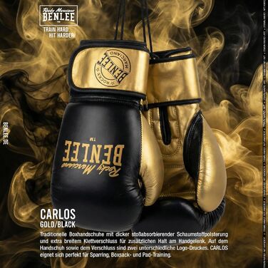 Боксерські рукавички BENLEE Carlos 16oz чорно-золоті для тренувань (бокс, кікбоксинг, спаринг) з гелевою накладкою та липучкою
