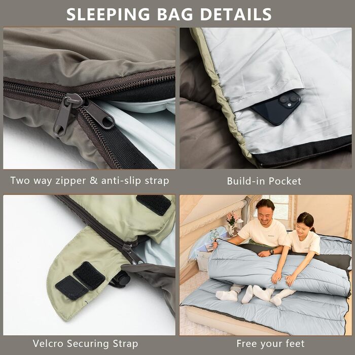 Зимовий спальний мішок BISINNA для 2 дорослих, 3 сезони, для кемпінгу та подорожей на автодомі (4.2 кг), зелений