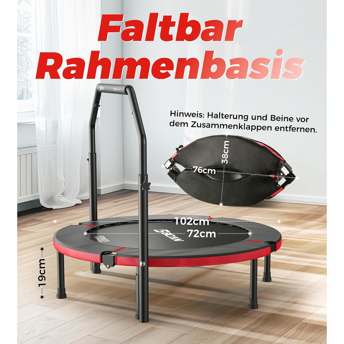 Міні-батут BCAN для дому, 102 см, складний, для дорослих, з регульованою ручкою, вантажопідйомність 150 кг, для фітнесу та тренувань вдома