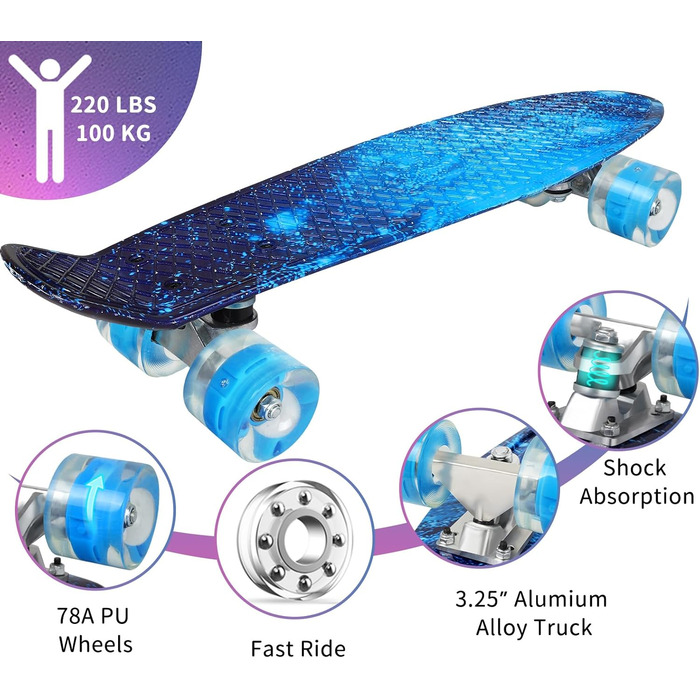Скейтборд BELEEV 22 дюйми Mini Cruiser з LED колесами та T-Tool, для дітей, підлітків, дорослих, Galaxy Blue