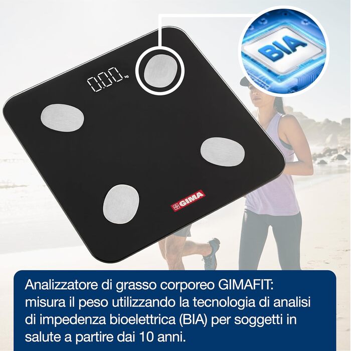 Цифрова вага Gima Gimafit 27086 з Bluetooth та LED-дисплеєм для вимірювання жиру, води, м'язової і кісткової маси, скляна платформа