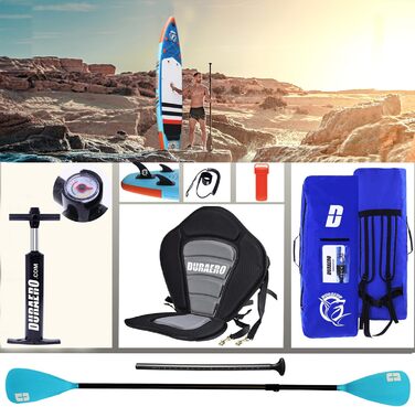 Надувна SUP-дошка для сапбордингу 330x76x15 см з комплектом: каяк-сидінням, кріпленням для камери, інтегрованим кікпадом, 3 плавниками, регульованим двостороннім веслом, повним набором аксесуарів, вантажопідйомністю до 150 кг
