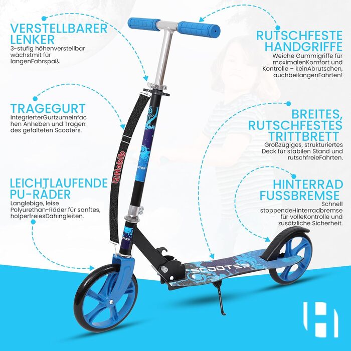 Дитячий трюковий самокат Habib Kickroller – складаний, з регулюванням висоти, великі колеса, до 80 кг, блакитний