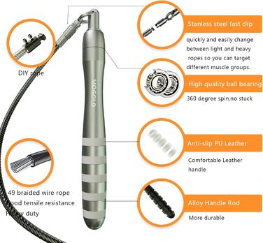 Стрибкове канат MOGOLD зі швидкими пружинами та вагами, змінні 2 мм та 5 мм подвійні канати, система швидкого кріплення для CrossFit, Double Unders, HIIT – регульоване 3–3 м швидке канат для чоловіків/жінок/дітей, чорний