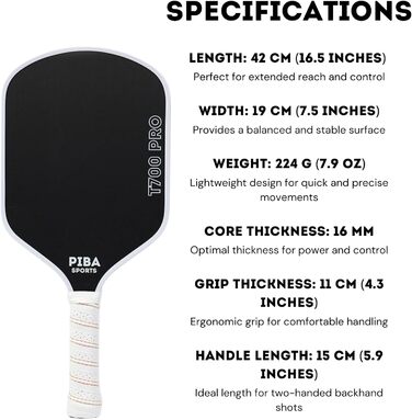 Професійна ракетка для піклболу PIBA Sports PRO, T700 карбон, 16 мм стільникова структура, шорстка поверхня для топ-спіну, подовжена ручка, легка та точна, для досвідчених і професіоналів