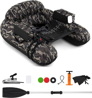 Надувний човен GYMAX для риболовлі з насосом, веслами, ластами та тримачами для вудлищ, belly boat з сіткою для риби та столиком для приманок, вантажопідйомність до 150 кг, камуфляж