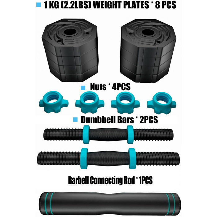 Набір гантелей ARUNDO Kurzhantel-Set 20 кг, 2-в-1: гантелі та штанга. Фітнес-набір для дому, обладнання для силових тренувань, неслизьке, регульоване гантельне обладнання. Оселедець гантелі 9 кг.