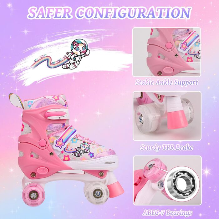 Роликові ковзани для дітей, ролики для дівчаток та початківців, регульовані, з підсвічуванням, дихаючі, для подарунка (рожеві)