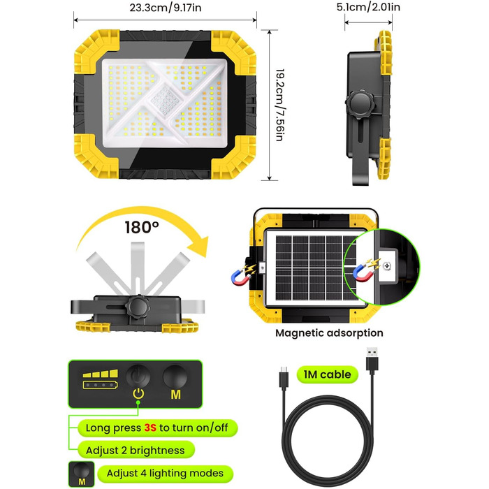LED прожектор на акумуляторі CLV 200W, 20000mAh, IP66, вологостійкий, 4 режими, 2 рівні яскравості, для кемпінгу, USB, сонячна панель, для будівництва, жовтий