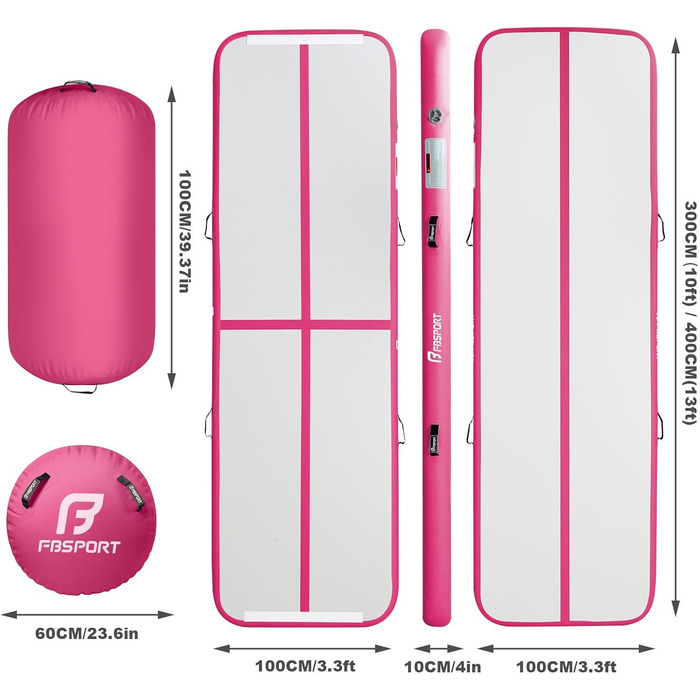 FBSPORT Килимок для гімнастики та йоги надувний, 400x100x10 см (рожевий) з ролею 100x60 см, 10 см товщини