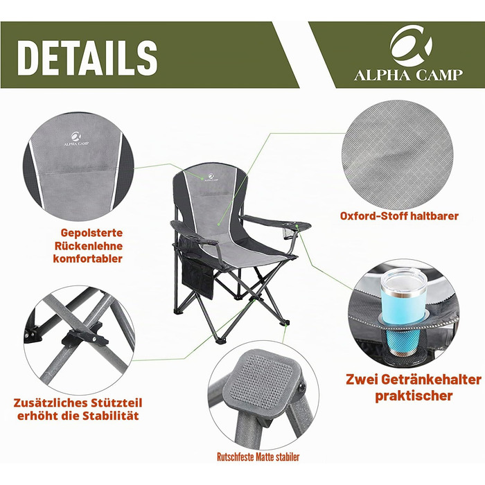 Розкладний кемпінговий стілець ALPHA CAMP X-Large з підлікучниками та підстаканником, посилена сталева рама до 160 кг, чорно-сірий
