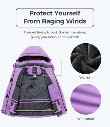 Wantdo Куртка для хайкінгу Daen Berg, водонепроникна вітрозахисна куртка-вітрівка з капюшоном, утеплена, для туризму та активного відпочинку (S, світло-фіолетовий)