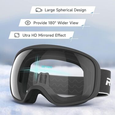 Лижна маска RIOROO для окулярів, подвійна лінза, 100% UV захист, антифог, чорна рамка, прозорі лінзи (VLT 80%), для чоловіків, жінок і підлітків, сумісна з шоломом, для сноуборду, мотоциклу, велосипеда