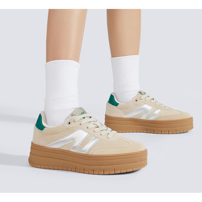 Кросівки LUCKY STEP Plateau Sneaker для жінок - платформа, канвас, ретро стиль, низький профіль, комфортні для повсякденного носіння, 42 EU, бежево-зелені