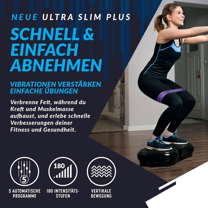 Вібраційна платформа Bluefin Fitness Ultra Slim Plus для нарощування м’язів і тренування всього тіла, з еспандерами, тиха, компактна, для домашніх тренувань