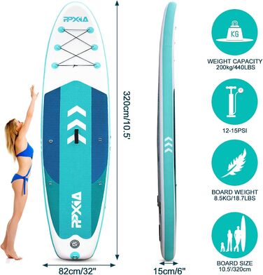Надувний SUP Board (Stand Up Paddle Board) для дітей та дорослих, 320/335x84x15 см, до 200 кг, комплект з аксесуарами, м'ятний колір
