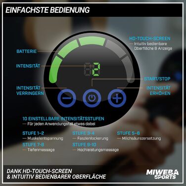 Масажний пістолет Miweba MM100 з LCD-дисплеєм, 10 режимів, 6 насадок, електричний масажер для м'язів, чорний/сріблястий