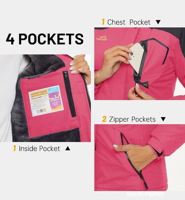 Зимова куртка KEFITEVD Daen з підкладкою з флісу, тепла перехідна куртка-скі-куртка з капюшоном та кишенями на блискавці, вітронепроникна, для сноуборду (S, Рожево-червоний)