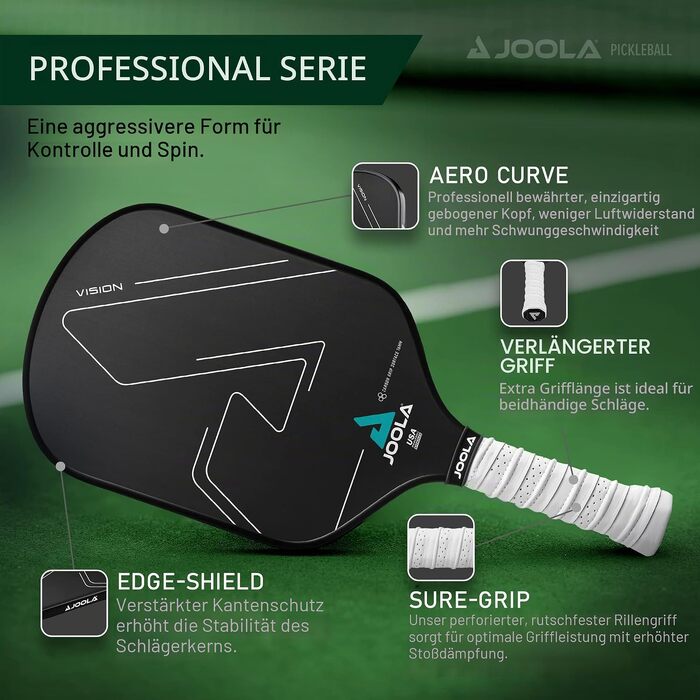 Ракетка для піклболу JOOLA Vision з вуглецевим покриттям Carbon-Grip для максимального спіну та контролю, стільниковий сердечник, чорна