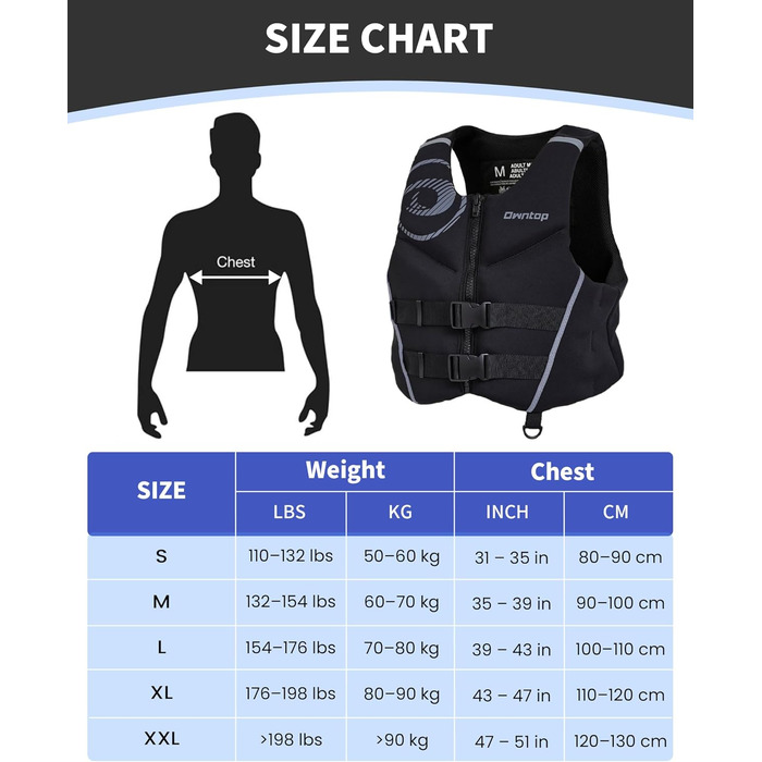 Спасальний жилет Owntop для дорослих XL | Легкий неопреновий жилет | Подвійний захист, для риболовлі, каякінгу, водних видів спорту сірий